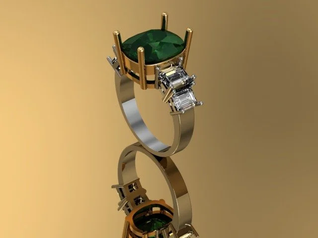 Bespoke 3D Emerald cushion shaped rings with emerald-cut diamonds on white and yellow gold setting by DIAGEM&Co.JPG