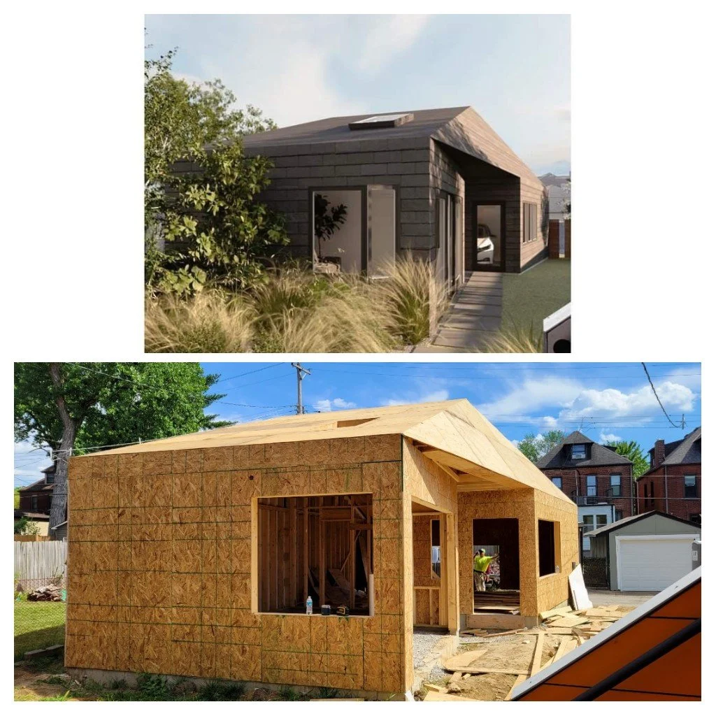 Comparison of two houses: top house is completed with a dark exterior, window, and outdoor pathway; bottom house is under construction with plywood walls, windows, and roof framing.