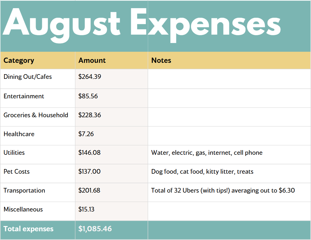 Table showing August 2025 cost of living expenses in Argentina. Categories include groceries, dining out and cafés, utilities, transportation, healthcare, entertainment, pet costs, and miscellaneous, with monthly amounts listed for each.