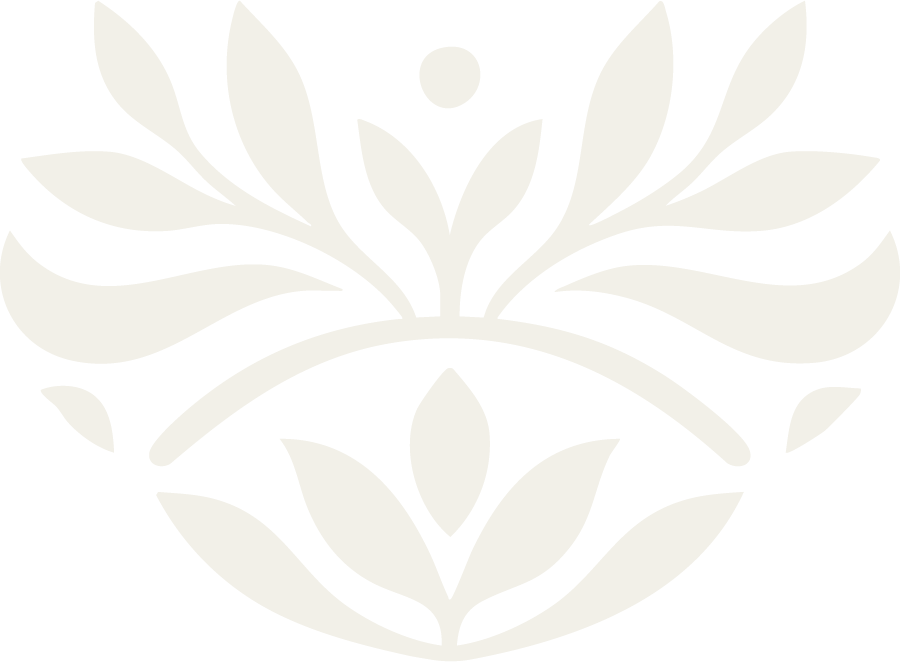 Black and white floral design with stylized leaves and petals arranged symmetrically.