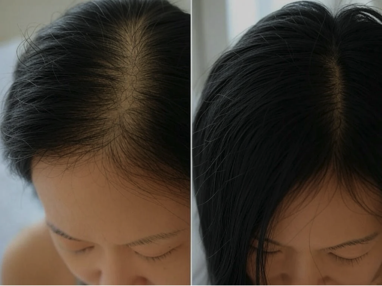 Comparison of a woman's scalp showing hair thinning on the left and fuller hair on the right