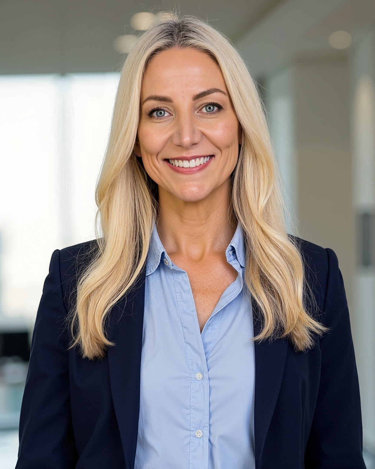A smiling woman with long blonde hair, dressed in a dark blazer and light blue shirt, standing in an office environment.