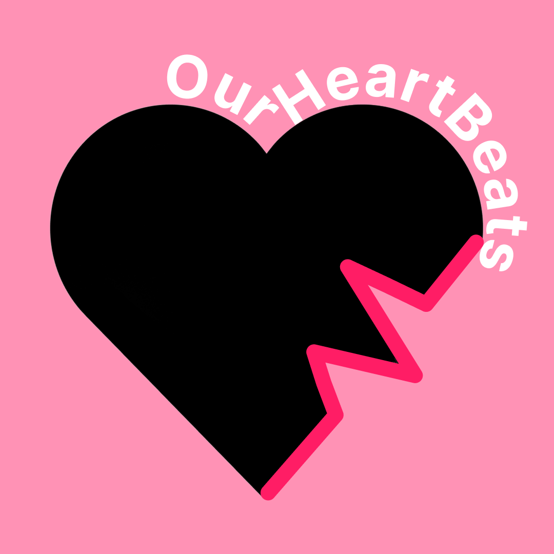 A black heart with a pink jagged outline on a pink background. The words 'Our Heart Beats' are written in white curved text around the top of the heart.
