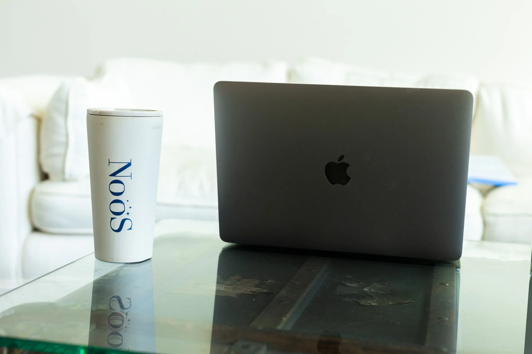 Noos laptop workspace for nutrition coaching and health education content.