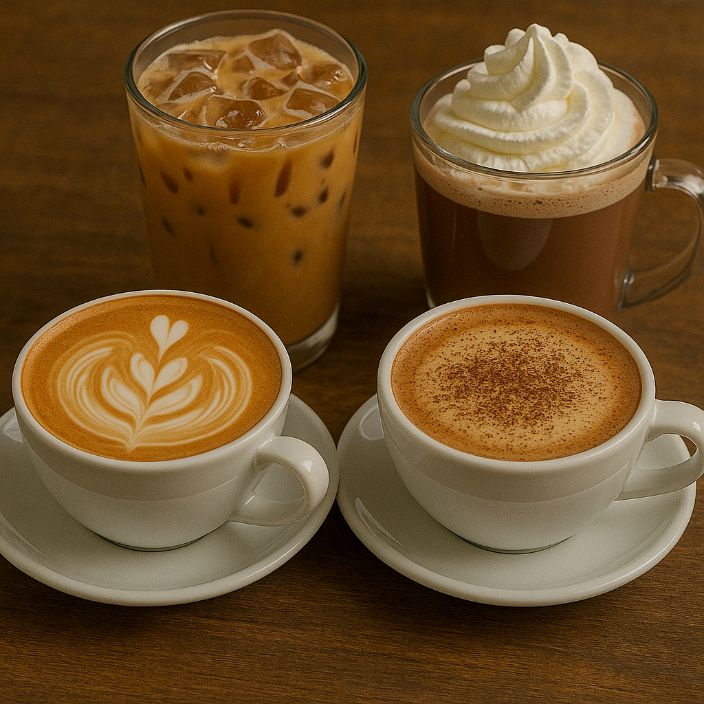 Two cups of coffee with latte art and cinnamon, a glass of iced coffee, and a mug of hot chocolate with whipped cream on a wooden table.