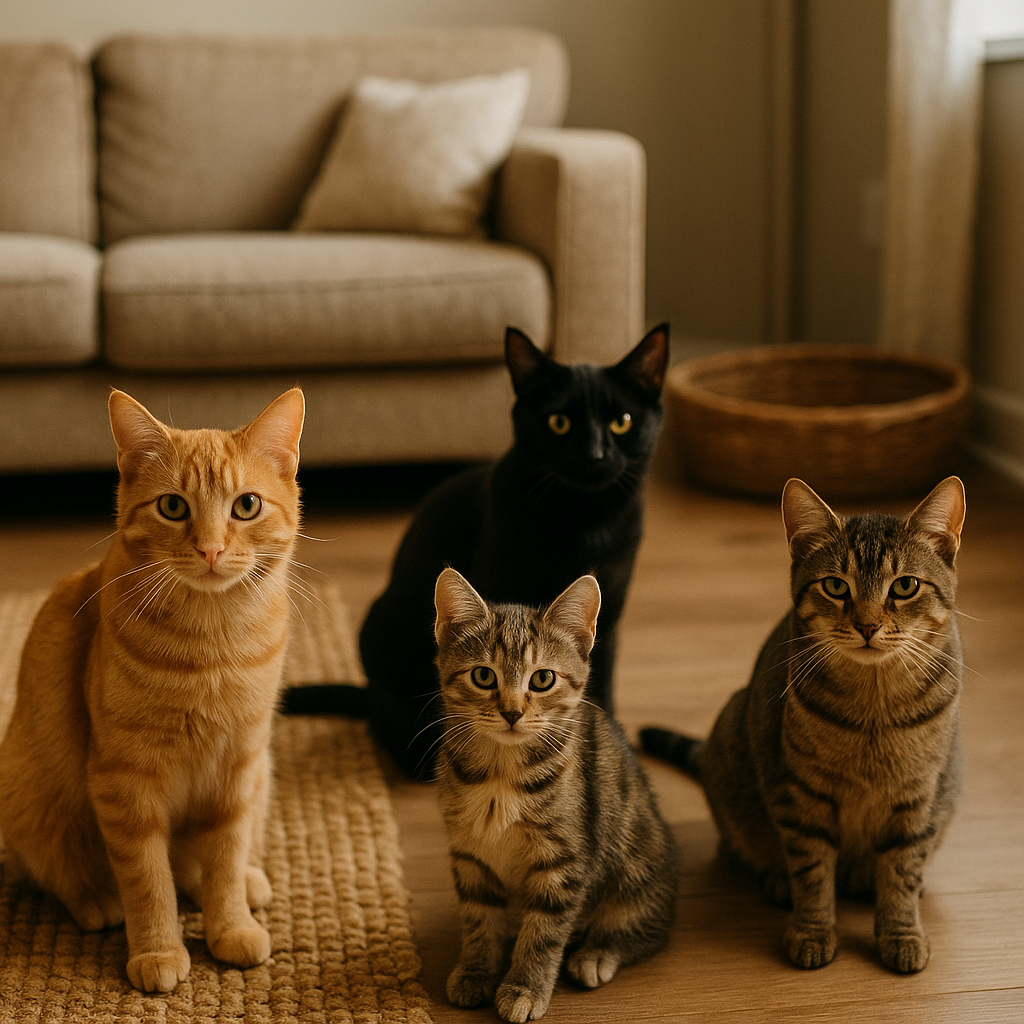 Four cats sitting on a wooden floor in a living room with a beige sofa and a wicker basket in the background.