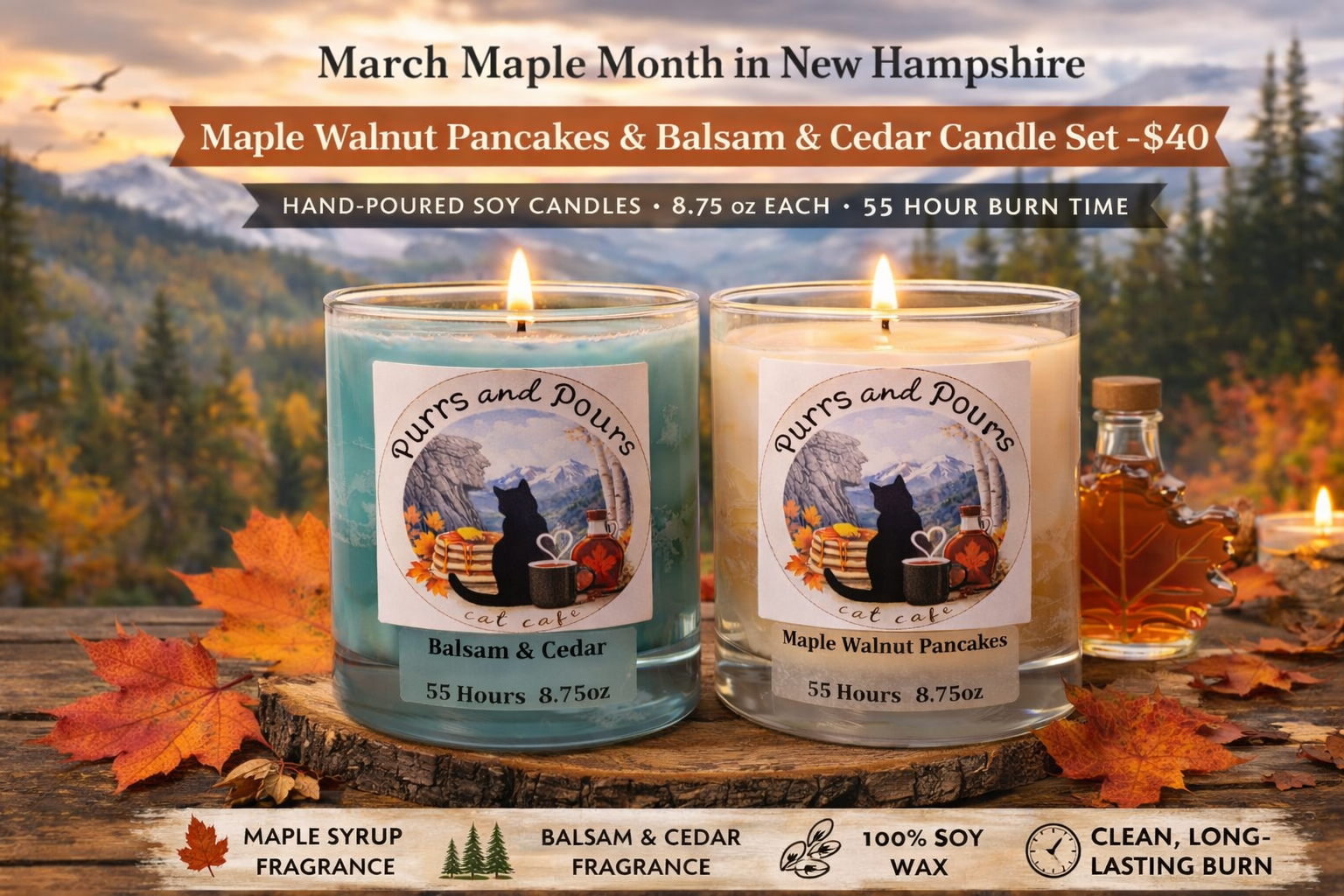 New Hampshire Maple Walnut Pancake + Balsam & Cedar Candle Set