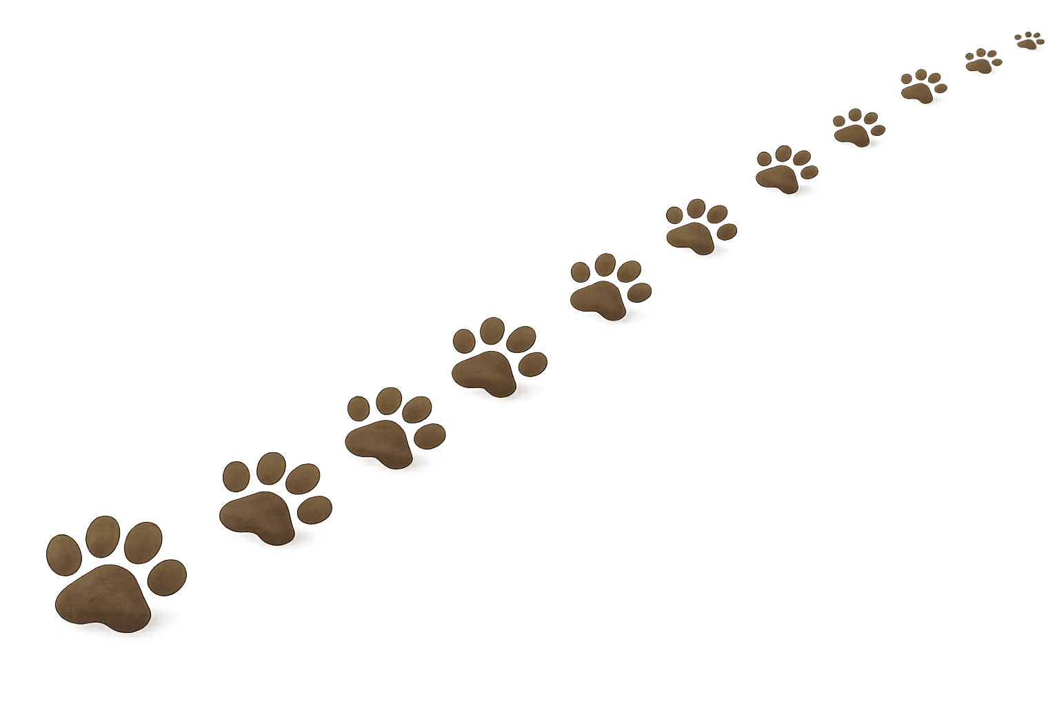 Multiple animal paw prints in a trail on a surface.