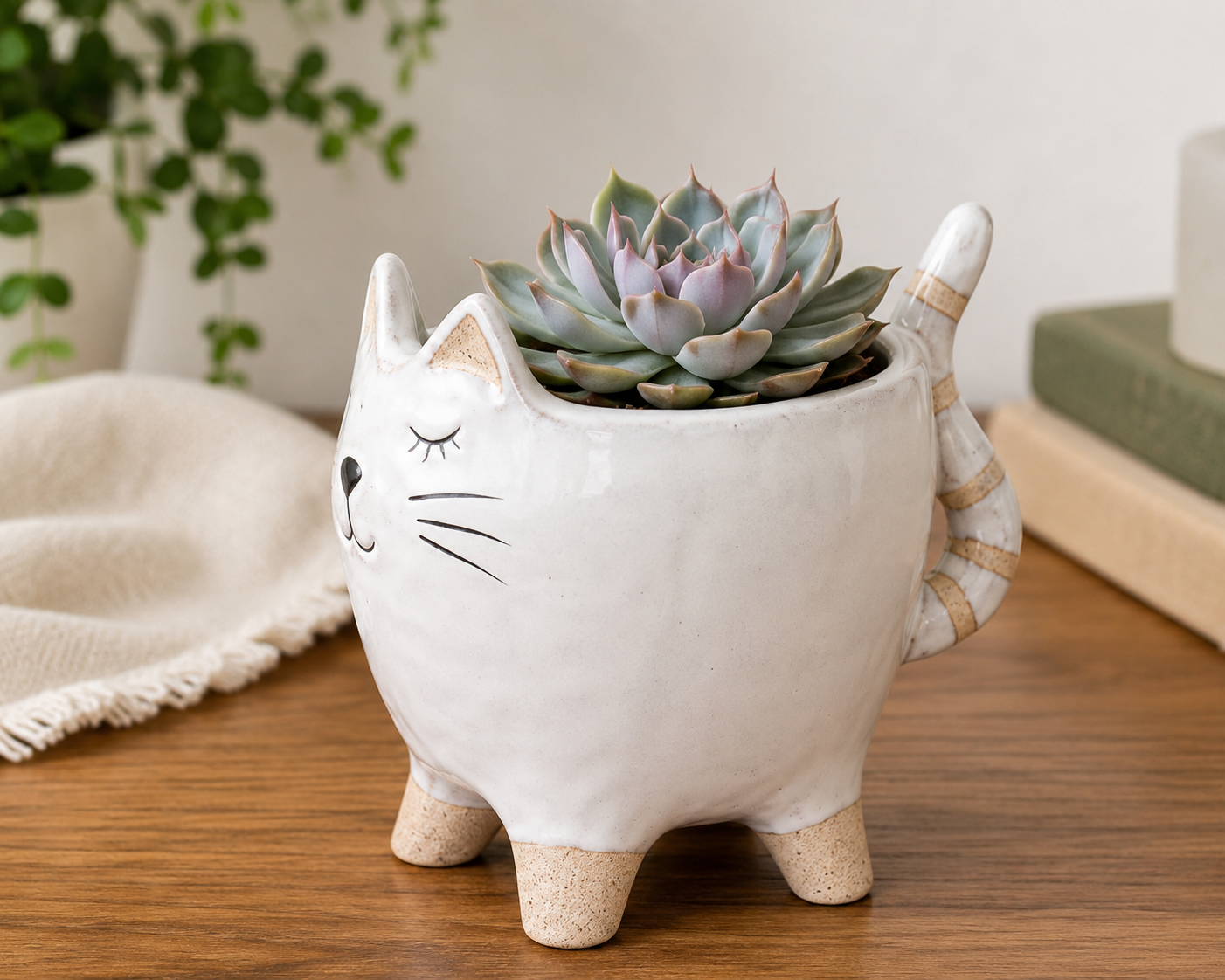 Charming Cat Planter With Raised Striped Tail & Succulent