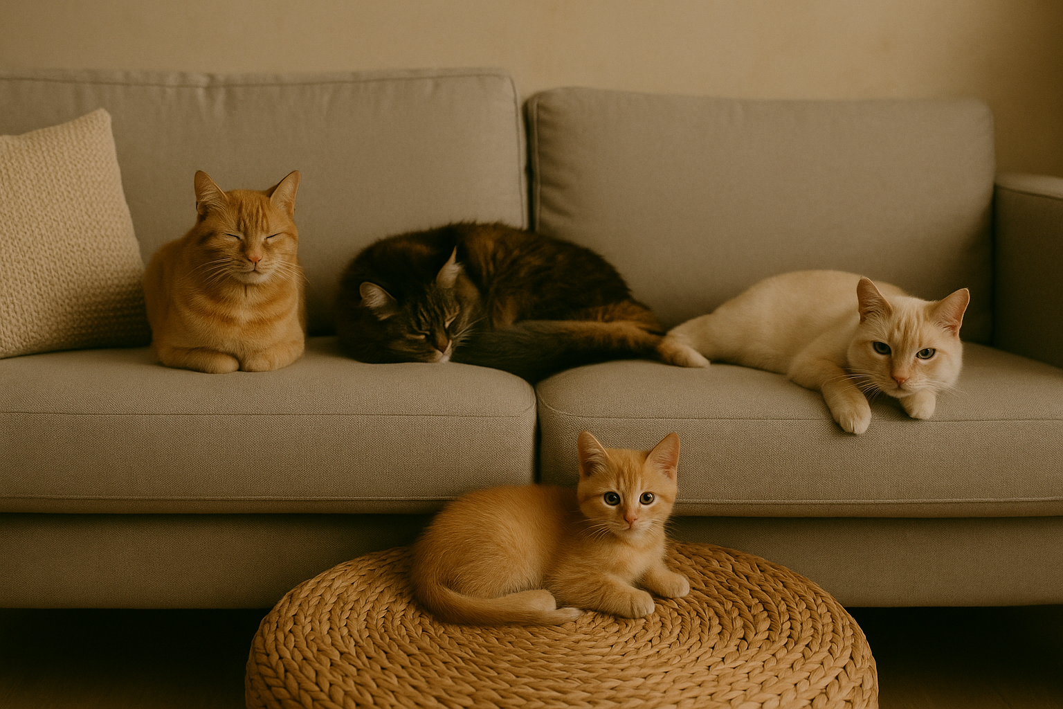 Five cats lounging on a beige sofa and a woven ottoman, with beige cushions and a neutral background.