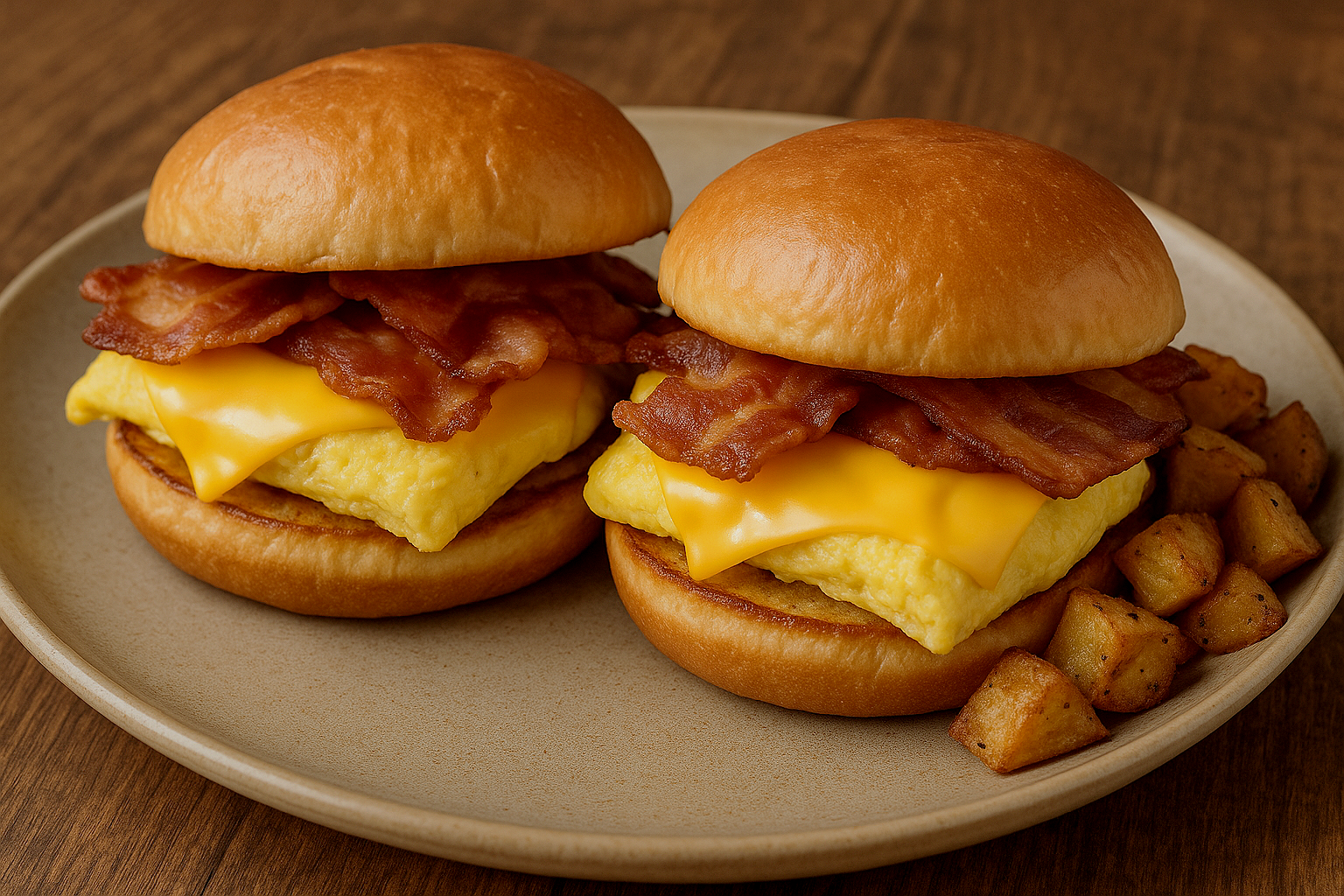 Two breakfast sandwiches with scrambled eggs, cheddar cheese, bacon, and toasted buns served on a beige plate alongside small roasted potatoes.