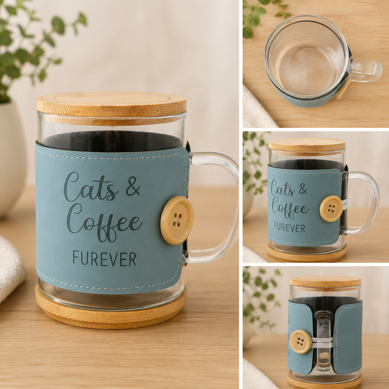 Cats & Coffee Furever Glass Mug W/ Lid That Is A Coaster- 16oz