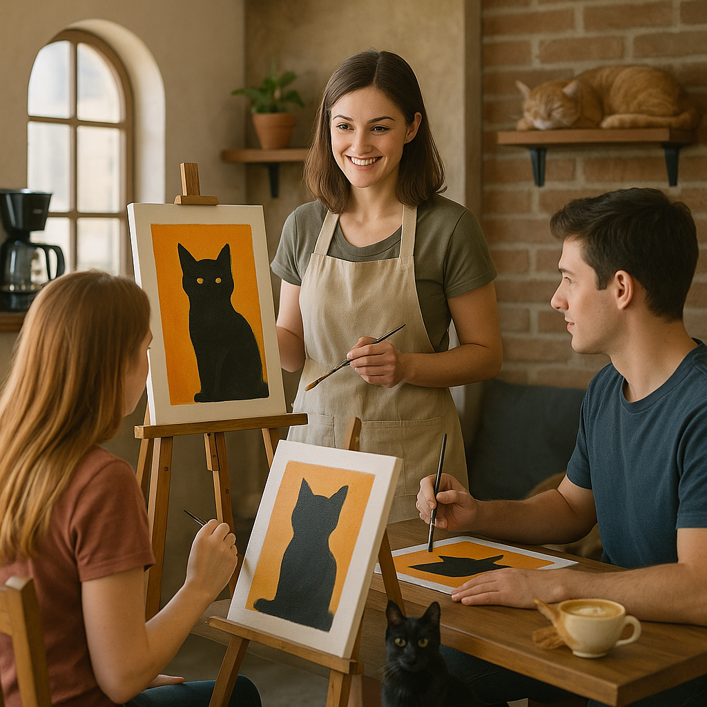 A woman instructs two young women in a painting class, demonstrating how to paint a black cat silhouette on an orange background. The students are seated at a table with their artwork, and a black cat sits on the table. The scene is in a cozy, well-lit room with a brick wall and a window.