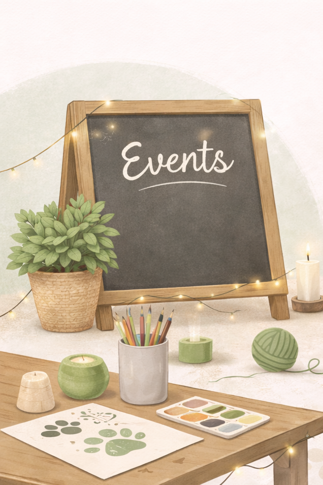 A decorative display with an 'Events' black chalkboard, potted plant, candles, colored pencils, watercolor paints, and knitting yarn, set against a cozy background with string lights.