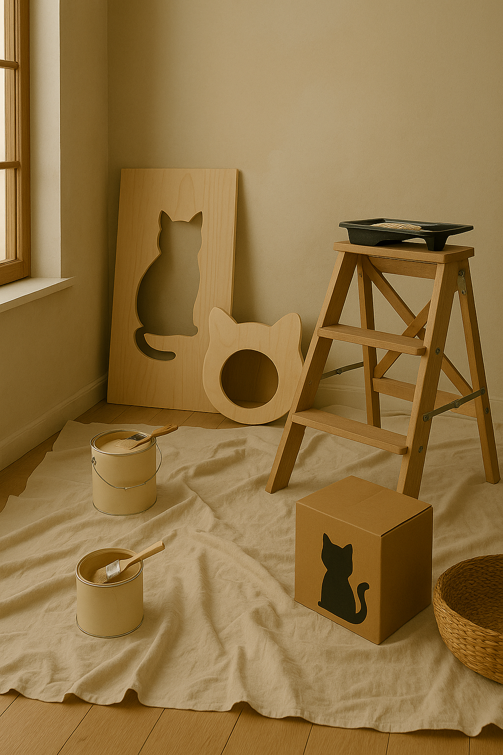 A cozy room corner with a window, a wooden picture with a cat silhouette cutout, a small cat-shaped wooden shelf, two cans of paint with brushes, a cardboard box with a black cat silhouette, a wicker basket, and a wooden step stool with a tray on top, all arranged on a light beige cloth.