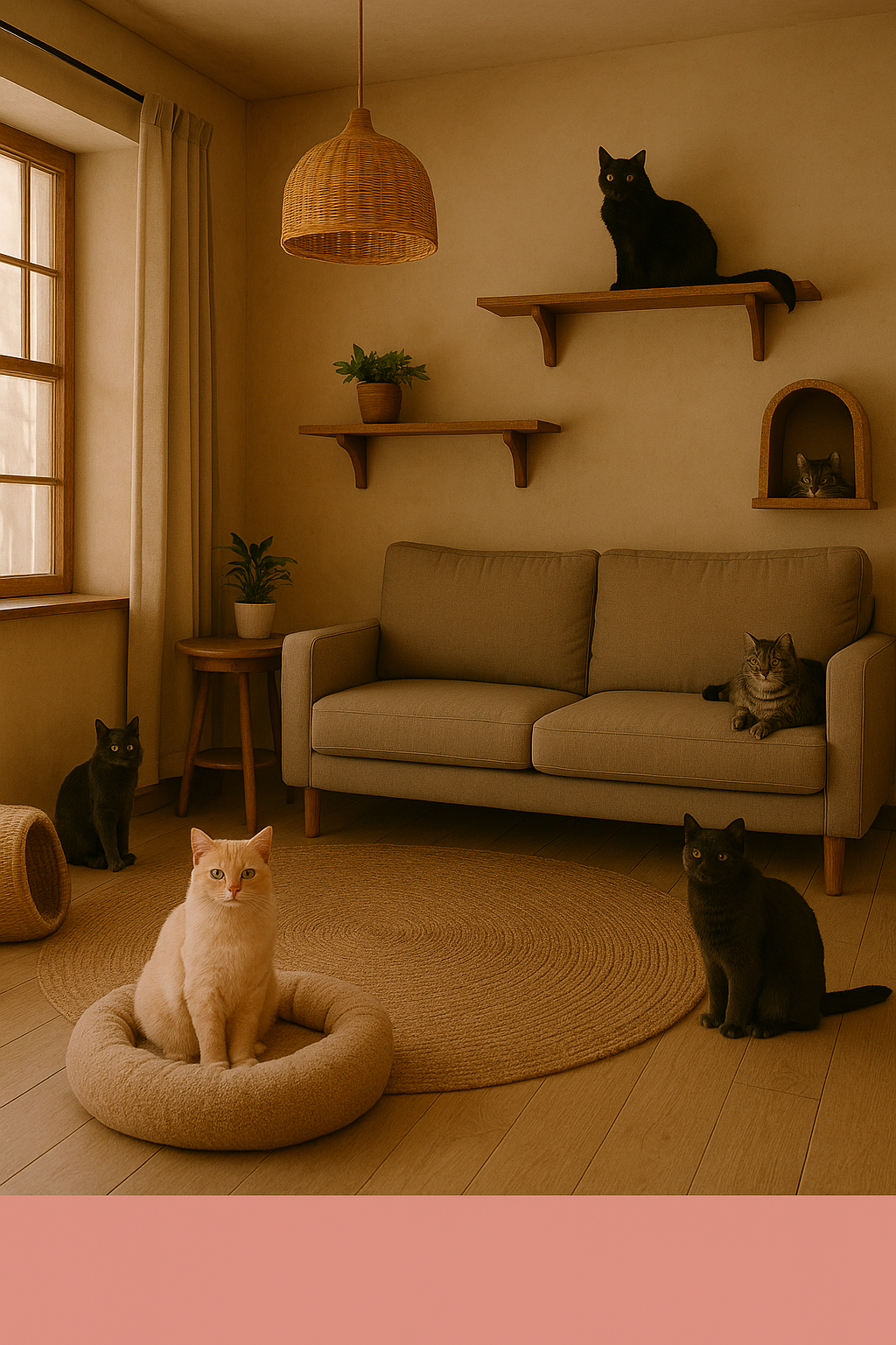 Living room with beige sofa, cats sitting on and around it, wall shelves with plants and a cat, window with curtains, wooden floor and circular rug.