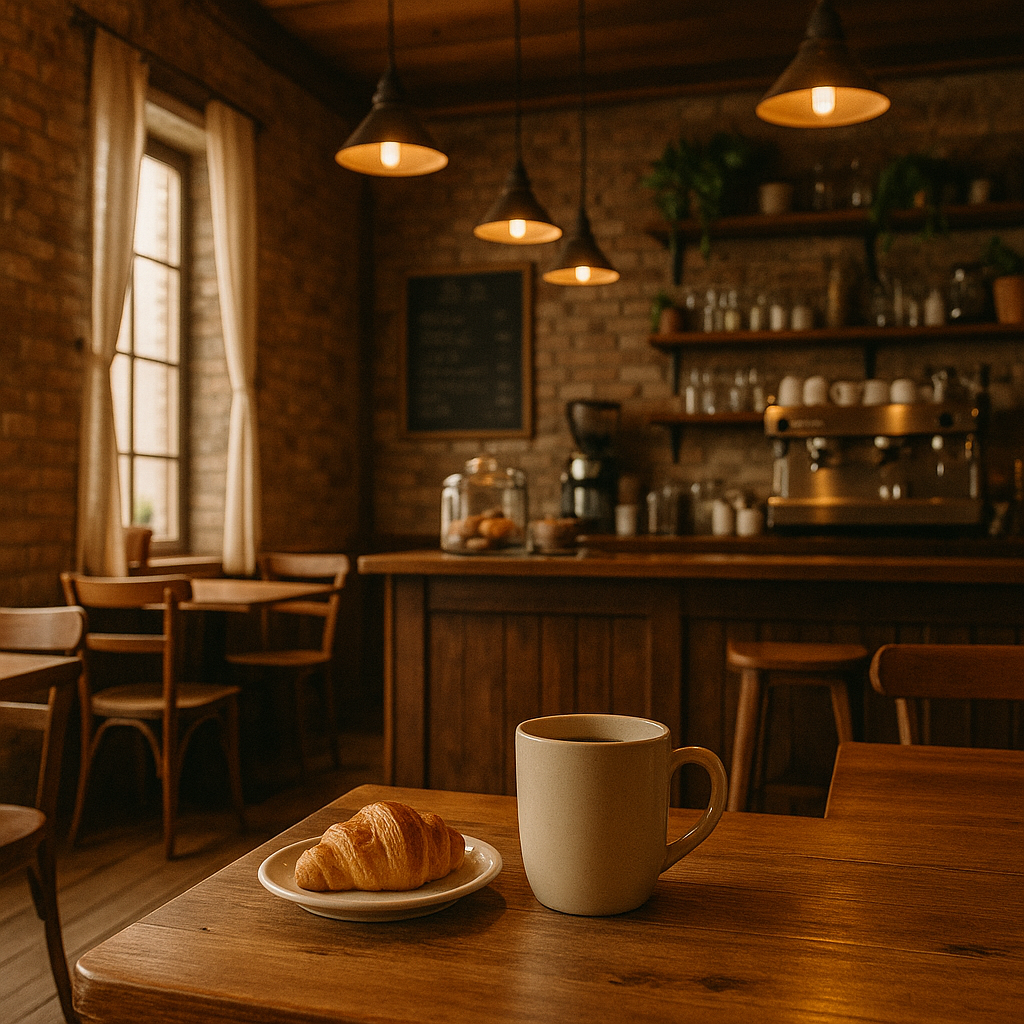 A croissant and a mug of coffee on a wooden table in a cozy coffee shop with brick walls, windows with curtains, and warm lighting.