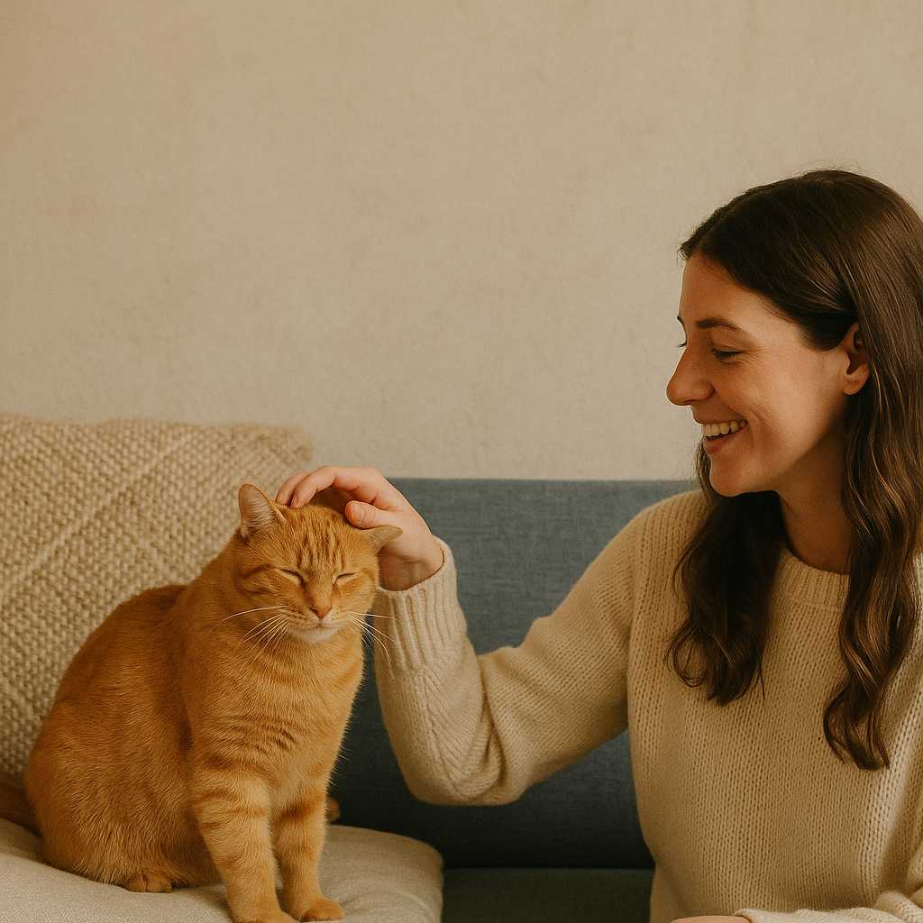 A woman is petting a smiling orange tabby cat on the head while sitting on a couch in a living room.