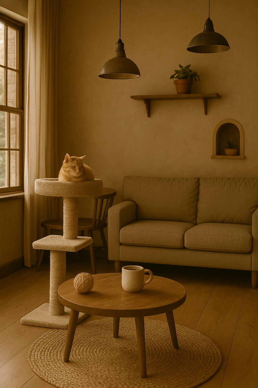 A cozy living room with warm lighting, a beige sofa, a wooden coffee table with a mug and a ball of yarn, a cat sitting on a beige cat tree, a window with curtains, a wooden chair, and wall shelves with potted plants.