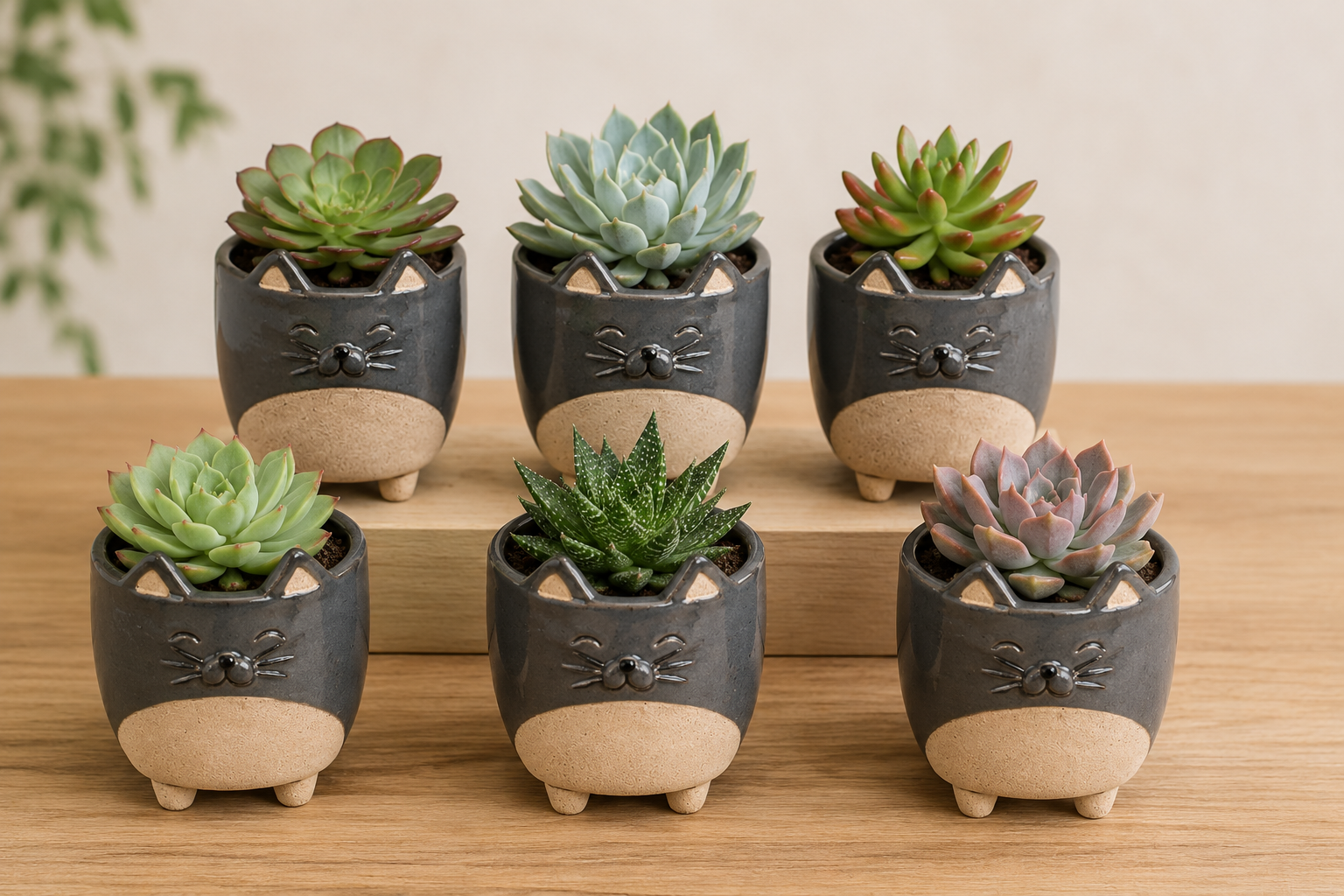 Gray Kitty W/ Legs Planter with Live Succulent