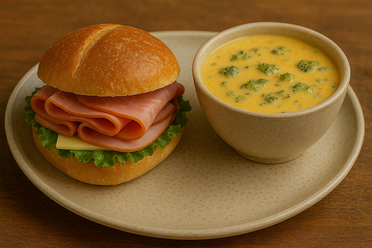 Ham sandwich with lettuce, cheese, and a bun served with a bowl of broccoli cheese soup on a beige plate.