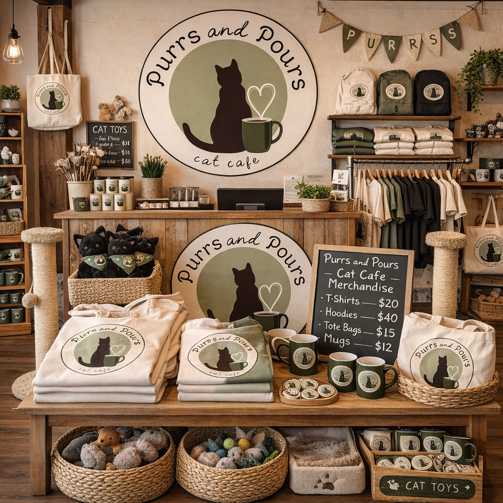 Display of cat-themed merchandise including tote bags, a t-shirt, mugs, and storage jars at a cat café, with shelves holding plush toys, a cat bed, and baskets of cat treats.