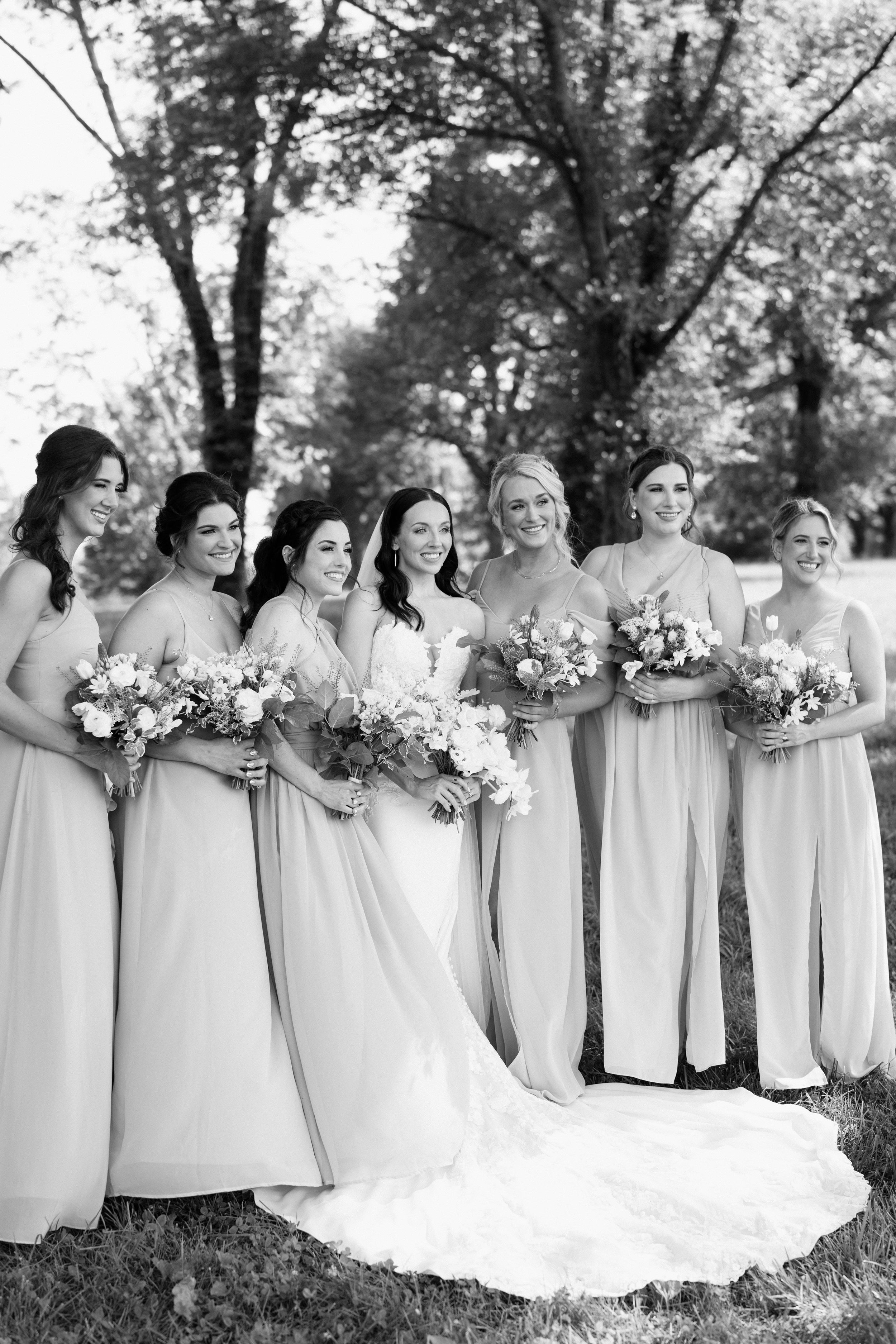 Bride and bridesmaids portrait outdoors under trees, Tennessee wedding photographer