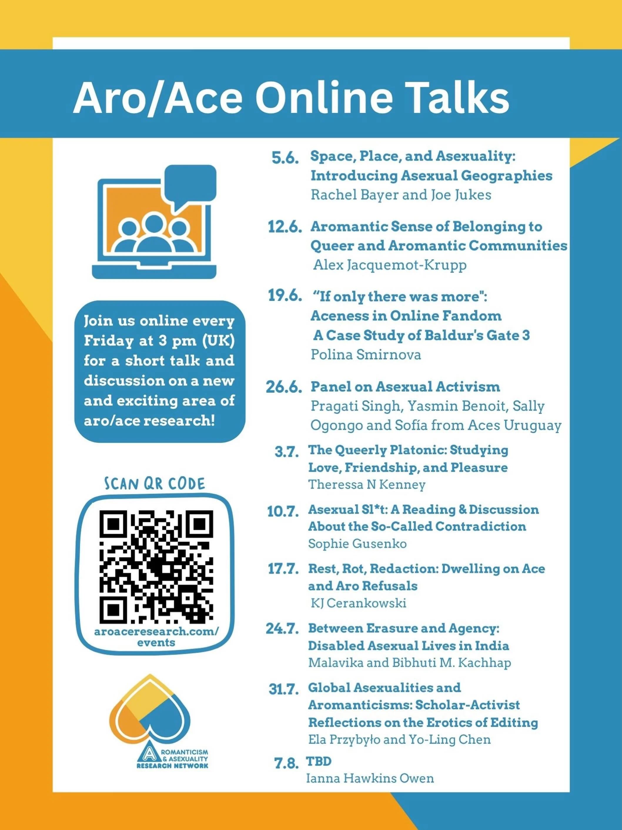 Only 2 weeks until we can welcome you to the start of our talk series with our amazing speakers! Every Friday at 3 pm (UK), researchers, academics, and activists will give us insight into their projects and current topics in aro/ace research.
Pick th