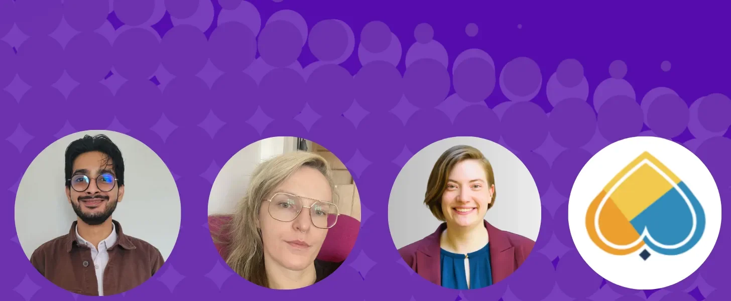 Four icons: three photos of people, one with a colorful heart logo, on a purple background with star patterns.