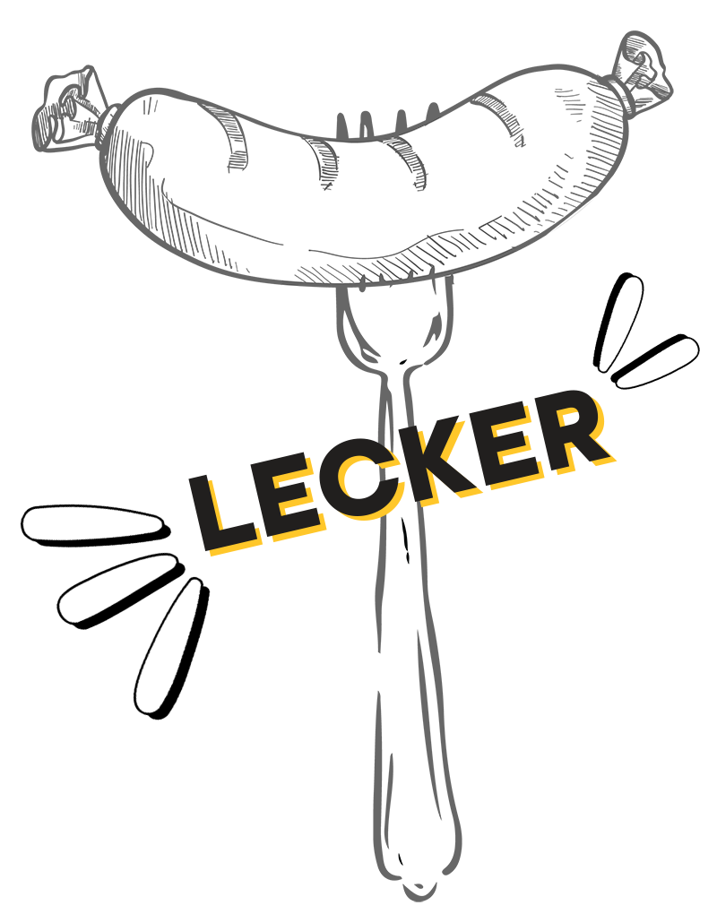 A cartoon-style illustration of a sausage on a fork with the word "LECKER" in bold yellow and black letters, surrounded by white accent lines.