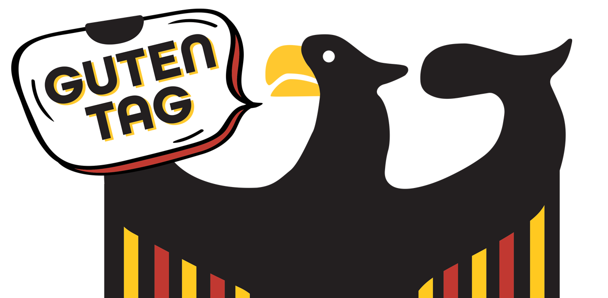 A bar graph showing increasing data with a speech bubble that says 'GUTEN TAG' in bold letters. The graph has red and yellow bars on a black background.