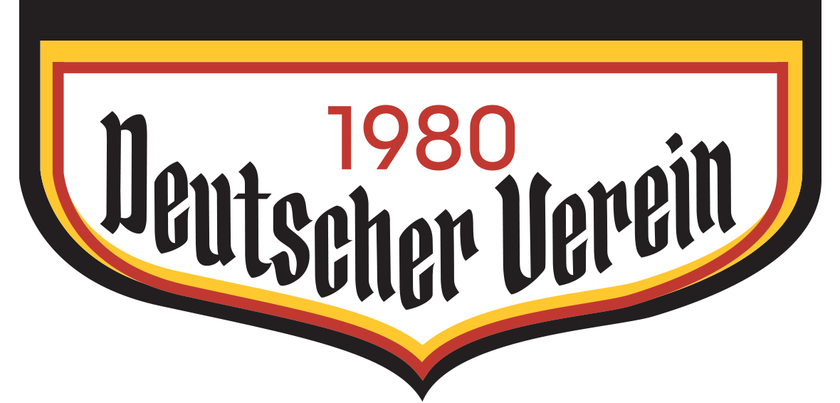 A logo with a black shield-shaped background, featuring a yellow and red border, with the text '1980 Deutscher Varein' in black and red.