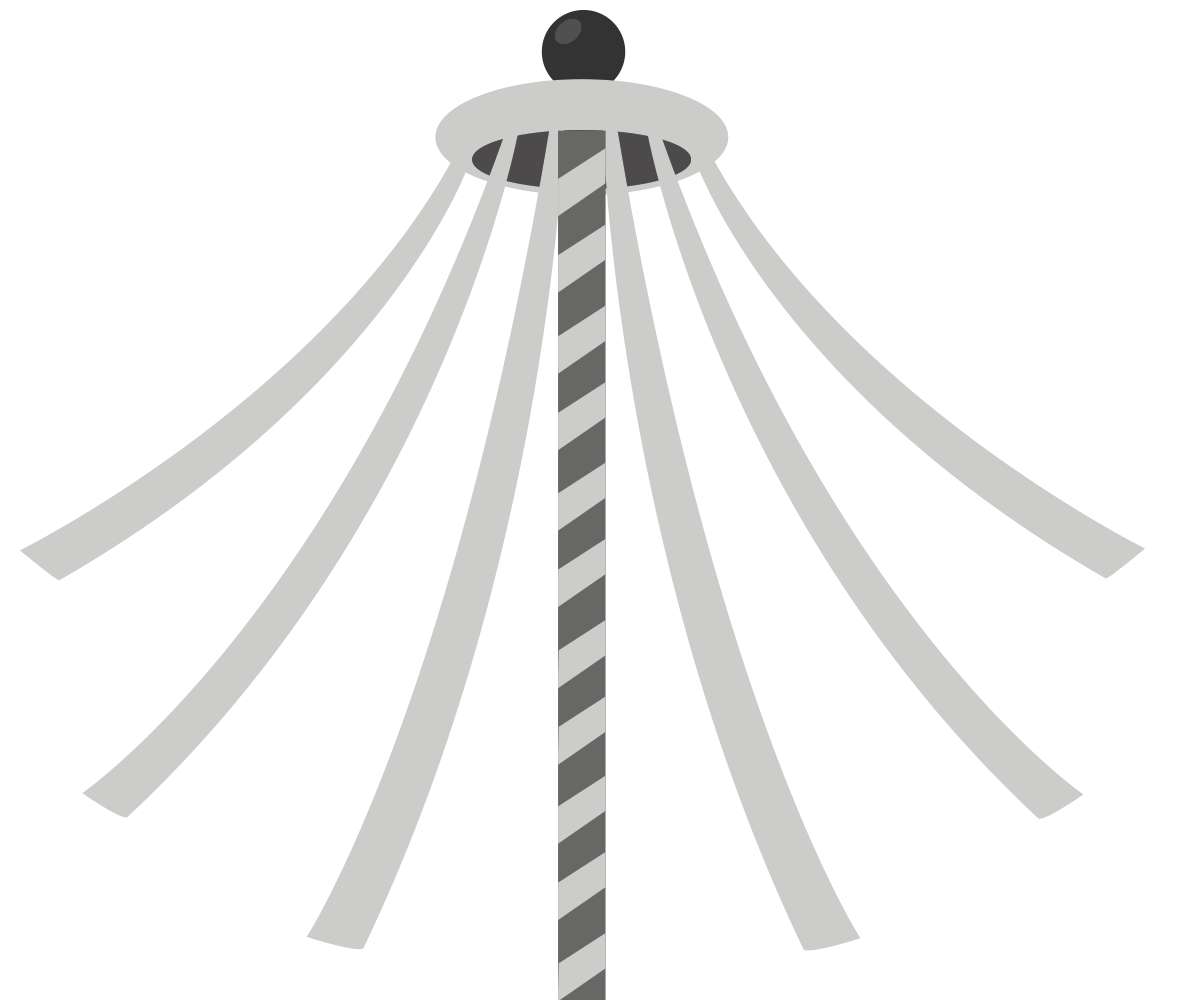 Black and white illustration of a maypole with striped pole and ribbons flowing outward.