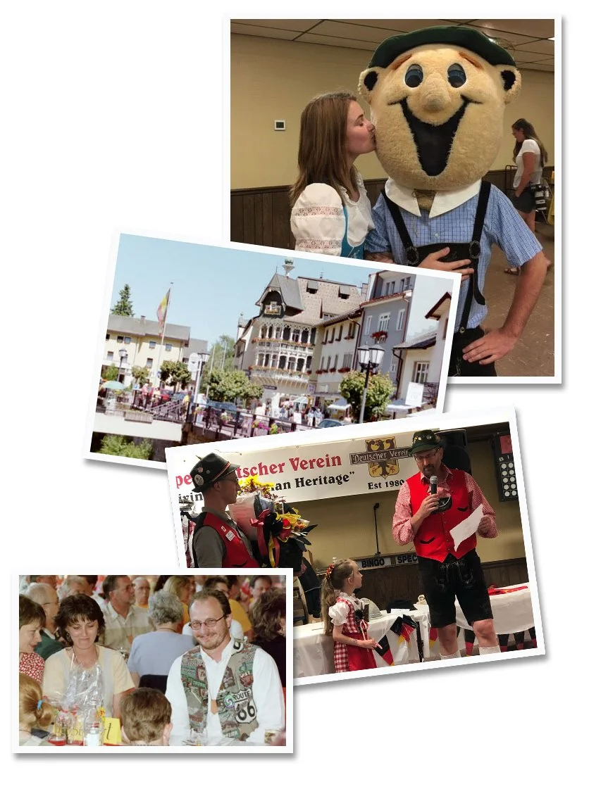 A collage of four images: a person kissing a large character with a big smile and a cap, a street with European-style buildings, a man giving a speech with a microphone wearing traditional Bavarian attire, and a group of people at a festive gathering.