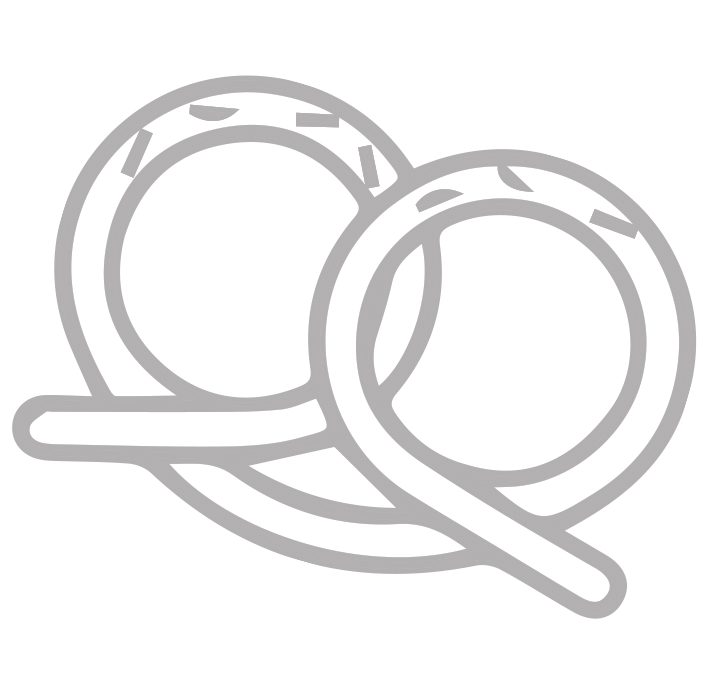 Black and white line drawing of two handcuffs overlapping.