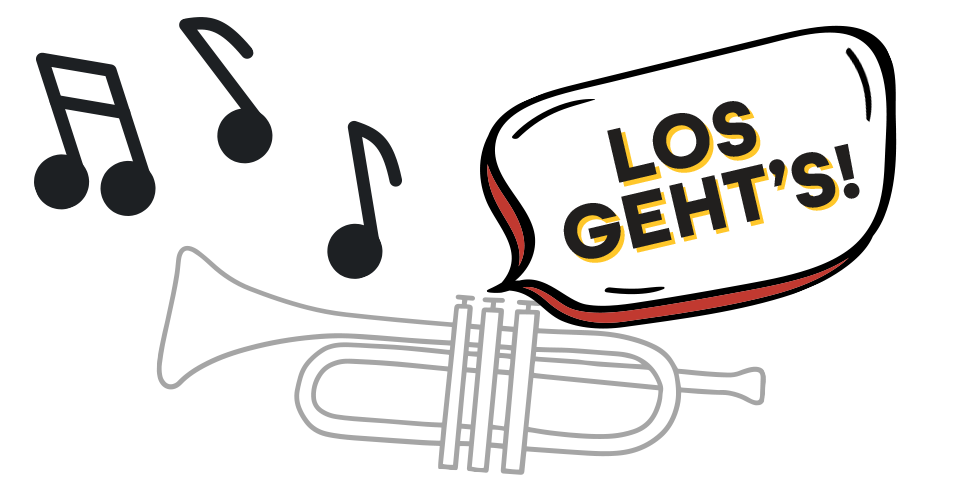 Illustration of musical notes with a speech bubble containing the German phrase "Los geht's!"