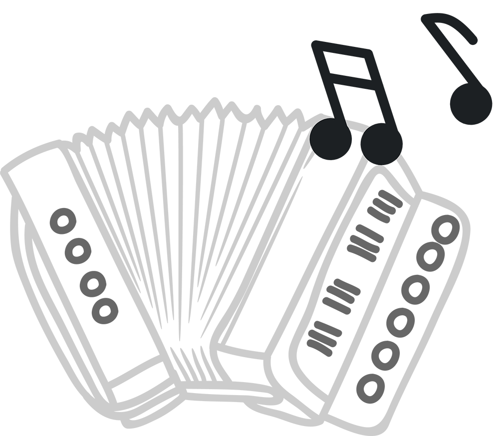 Black and white drawing of an accordion with musical notes coming out.