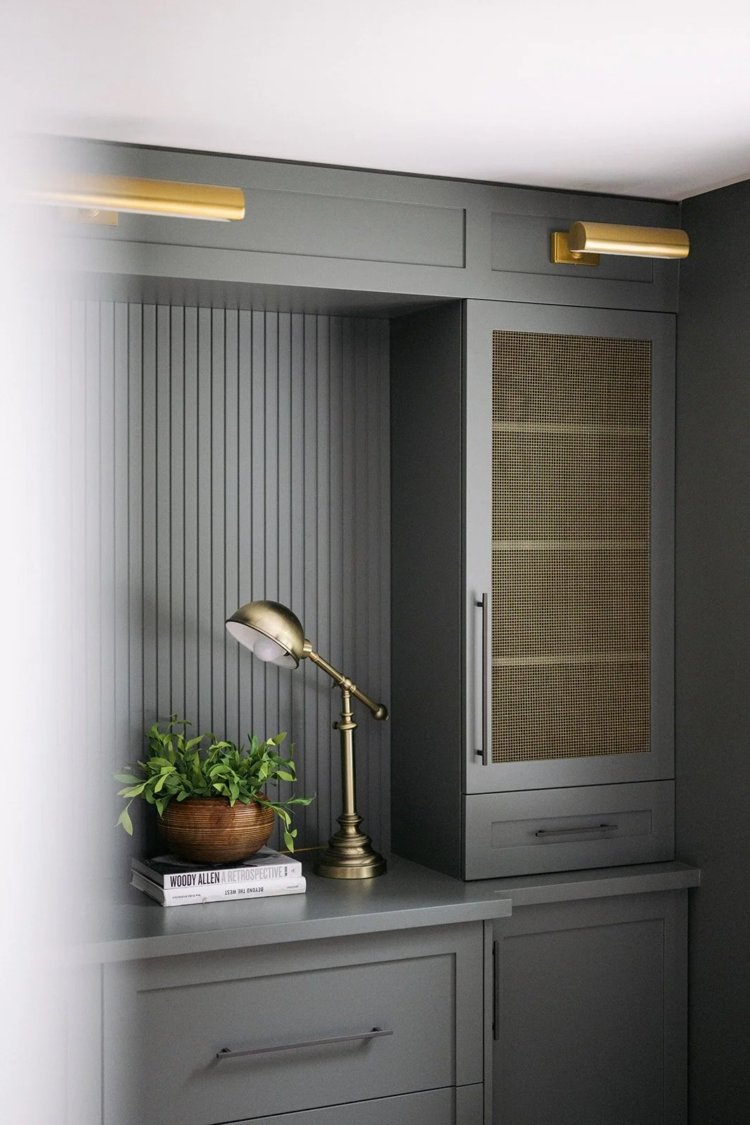 Gray kitchen cabinet with a gold light fixture above, a brass desk lamp, a potted green plant, and books on a gray countertop.