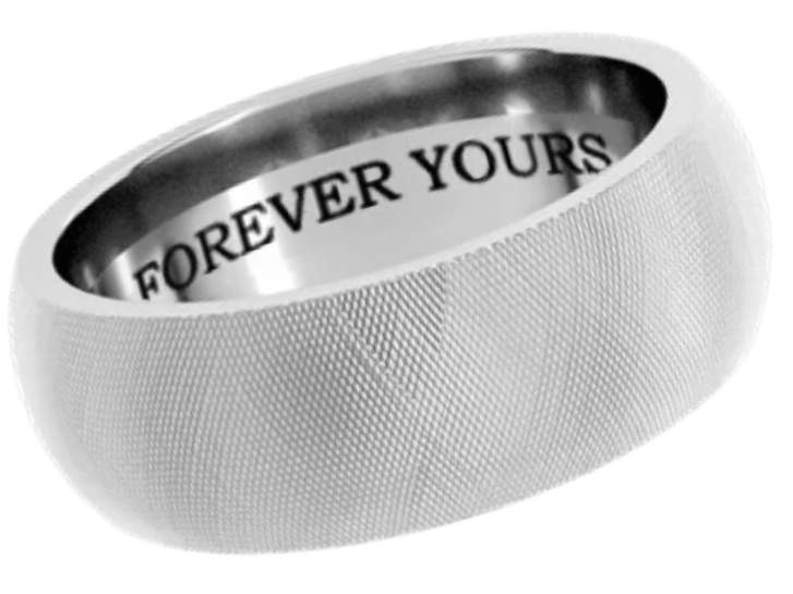 A white gold ring with the inscription "FOREVER YOURS" on the inside