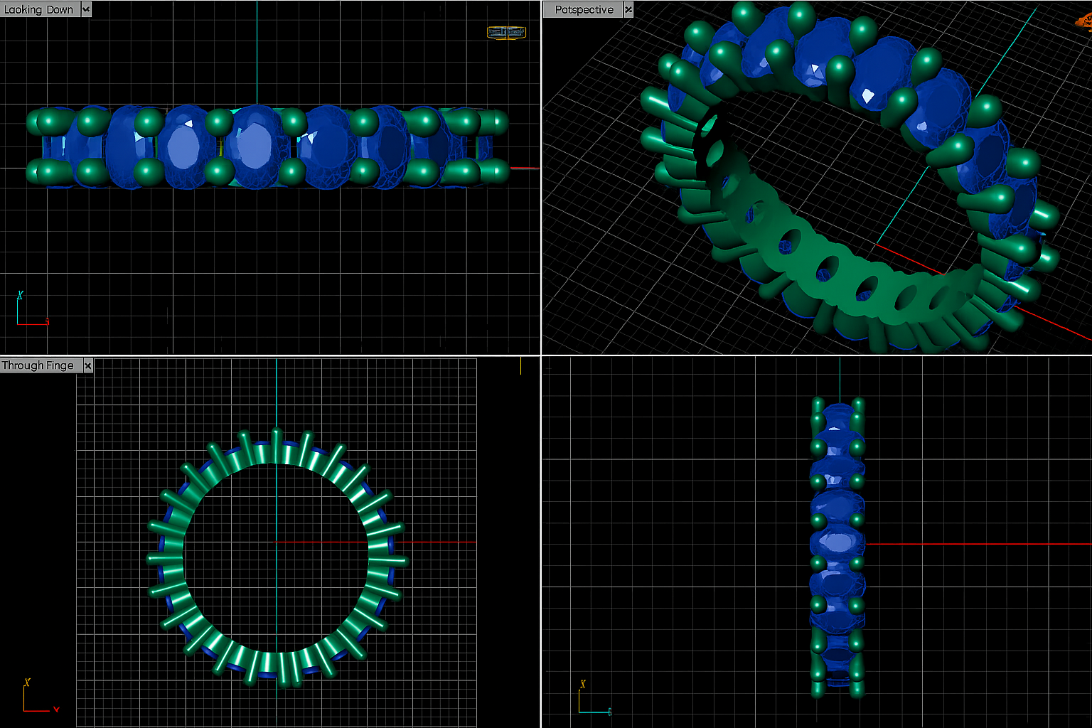 3D model rendering of a ring-shaped structure shown from multiple angles including front, side, top, and bottom views. Custom wedding ring process.