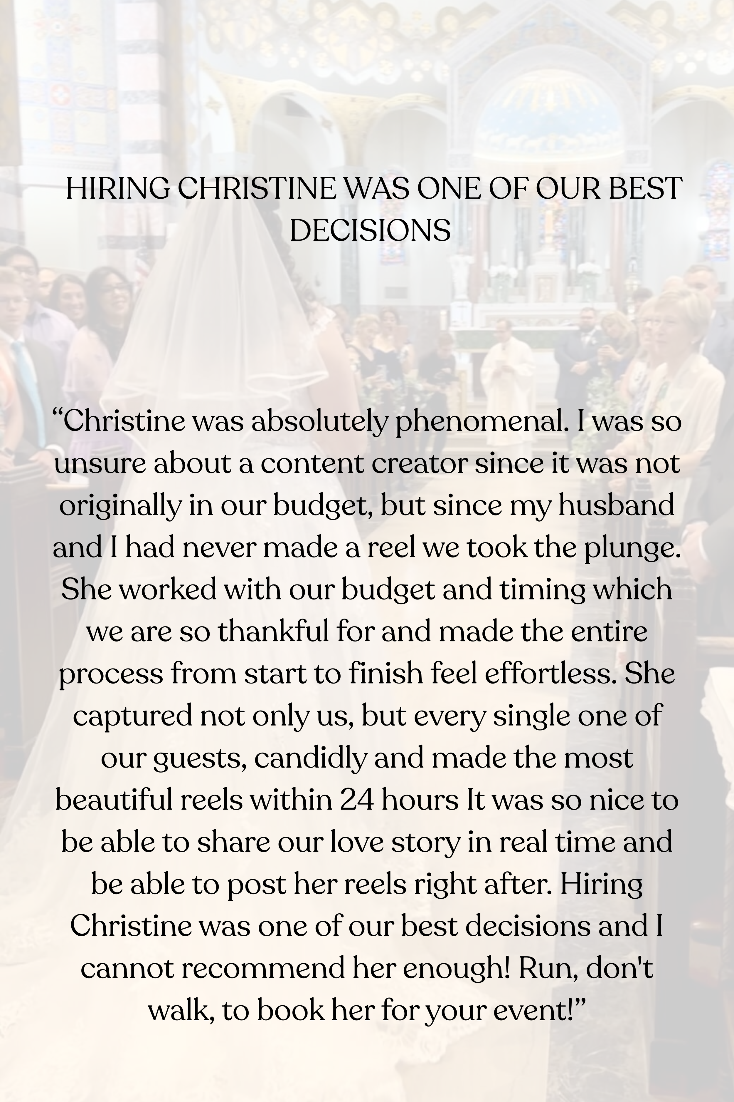 Testimonial about hiring Christine as a videographer at a wedding, with a quote praising her work and recommendation.