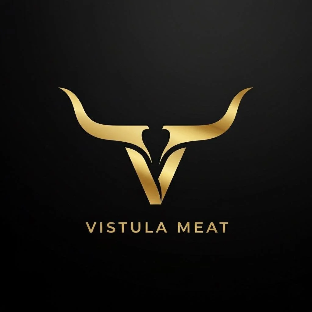 A gold stylized logo of a bull's head with the words 'Vistula Meat' below on a black background.