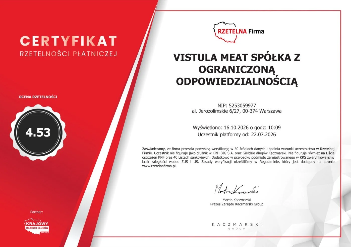 Rzetelna Firma payment reliability certificate issued to Vistula Meat Sp. z o.o. with a reliability score of 4.53