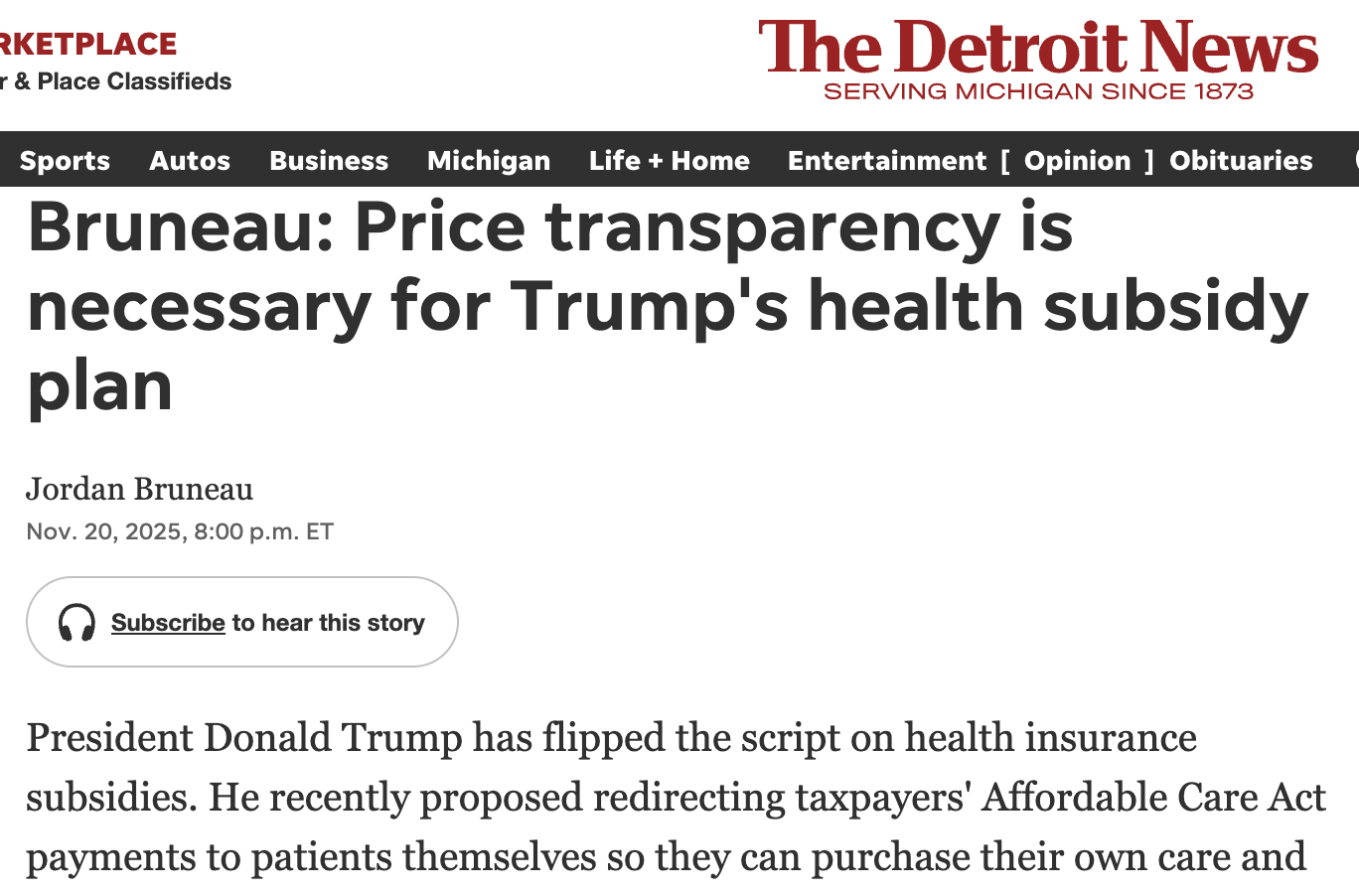 Detroit News Op-ed: Price Transparency is Healthcare Reform Solution