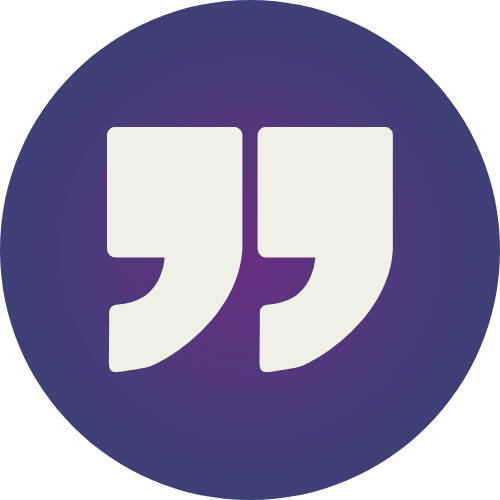 White quotation marks on a dark purple circular background.