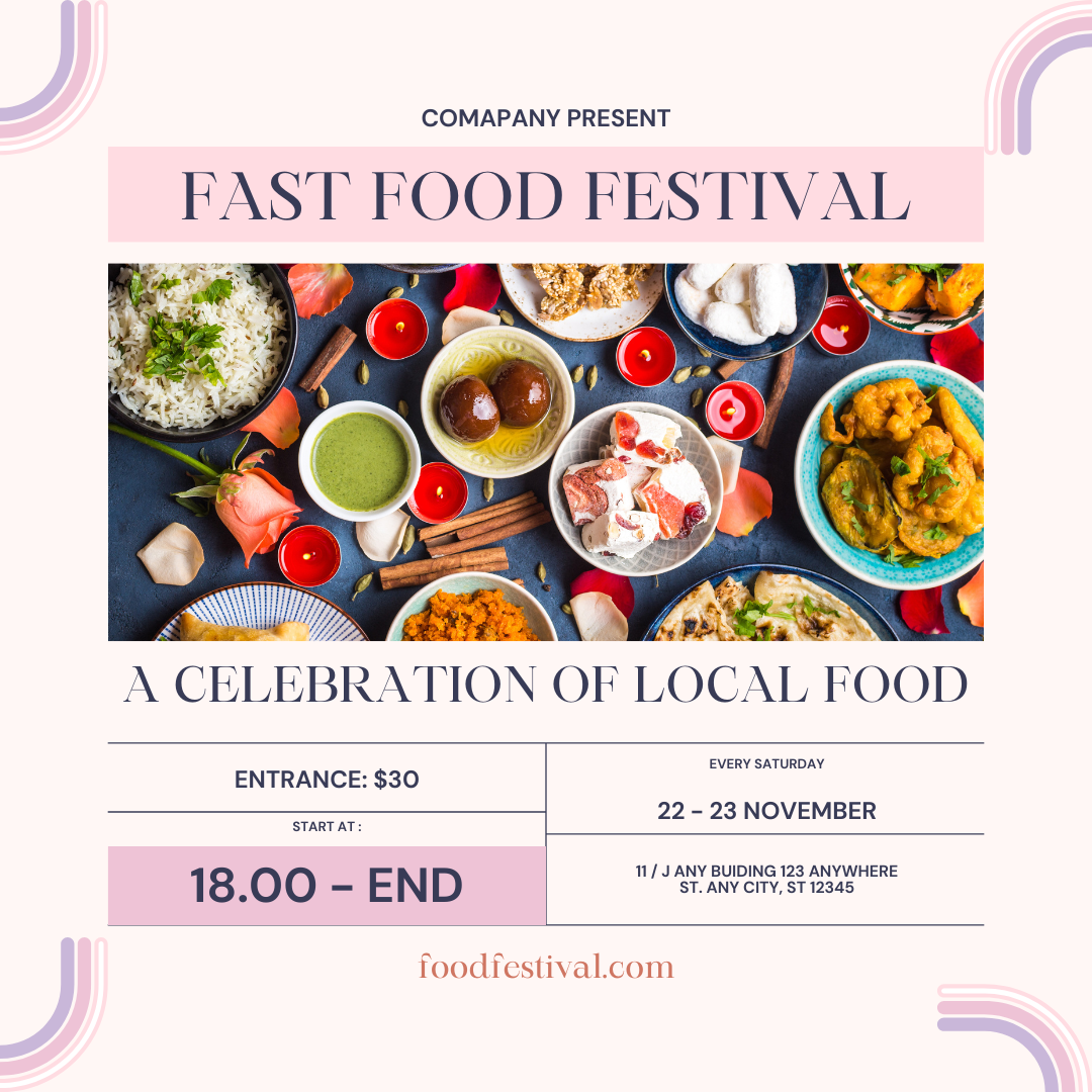Poster for a fast food festival featuring various dishes and decorations, including rice, curry, desserts, spices, and red candles.