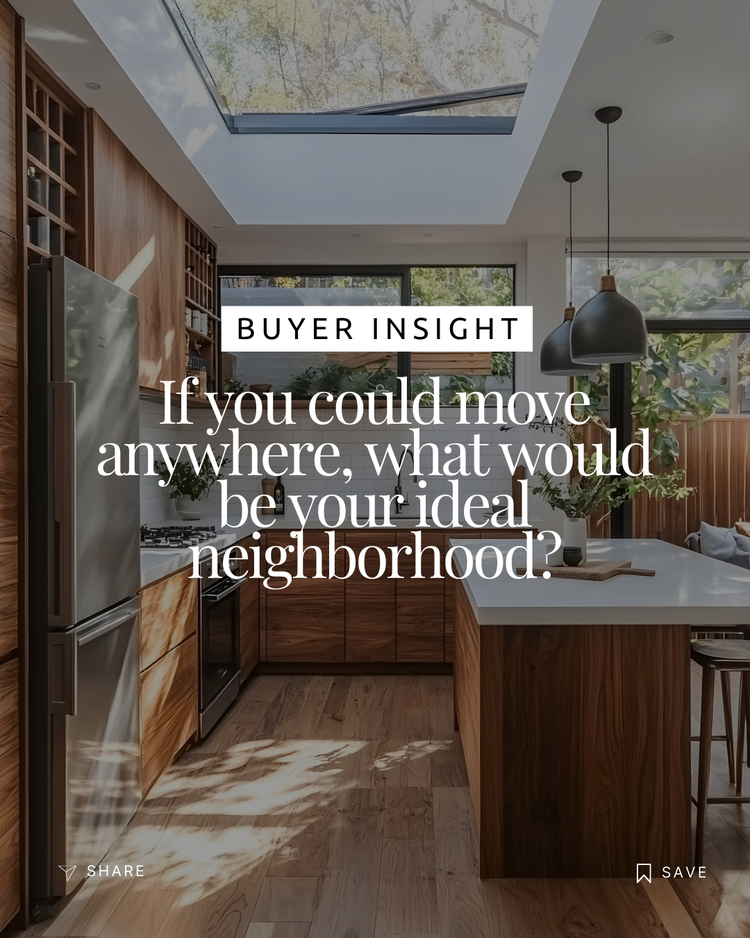 Modern kitchen with wooden cabinets, stainless steel refrigerator, island with white countertop, pendant lights, large windows, and skylight, filled with natural light.