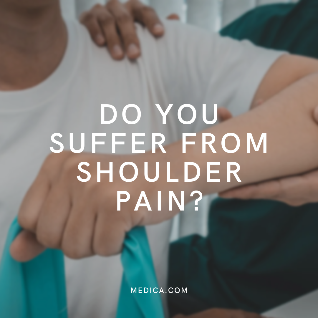 A healthcare professional examining a patient's shoulder with a focus on shoulder pain, with overlay text asking about shoulder pain and a website URL.