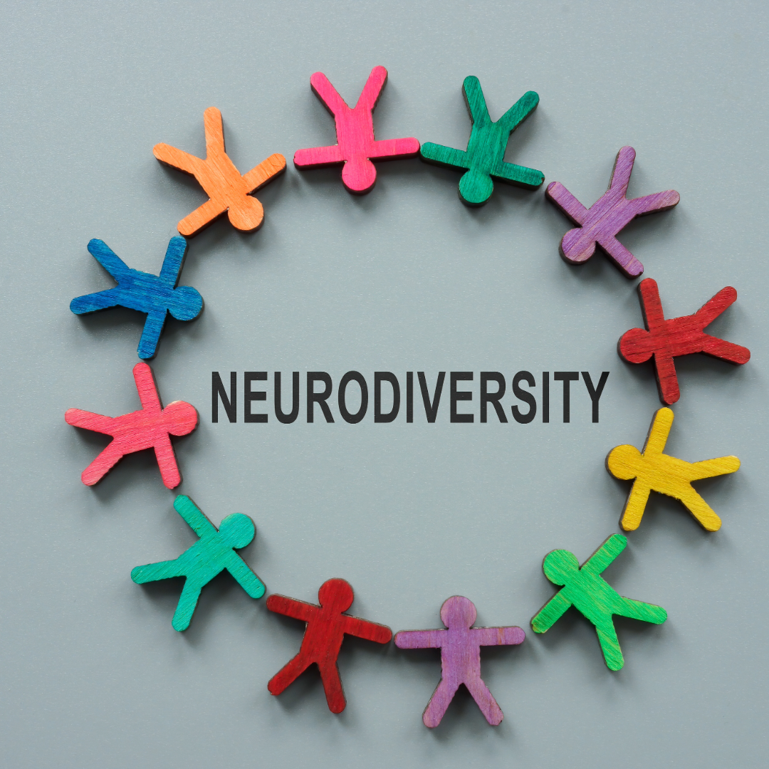 Colorful human figures arranged in a circle around the word ‘Neurodiversity’ on a neutral background.