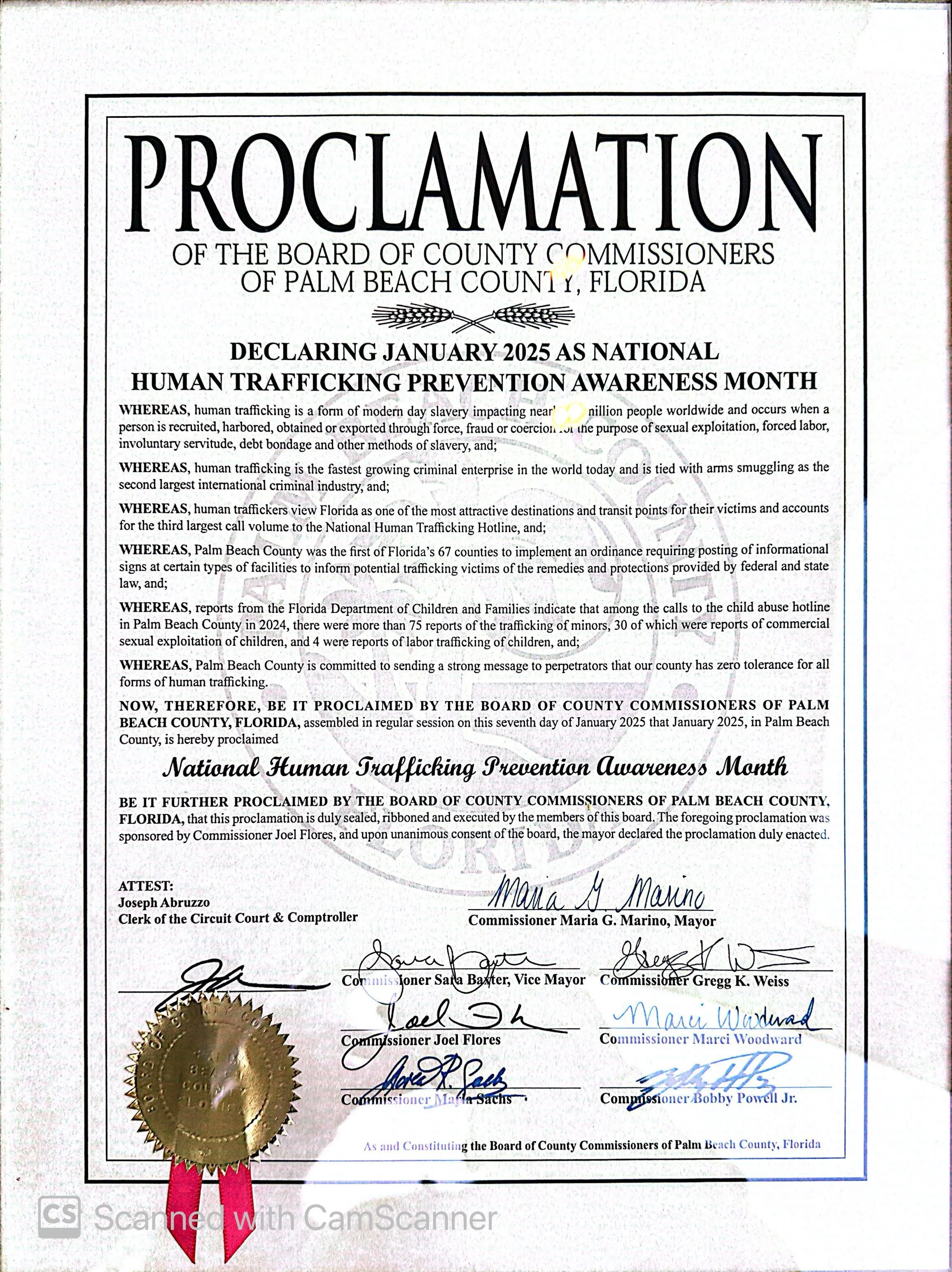 Proclamation from the Palm Beach County Board of County Commissioners declaring January 2025 as National Human Trafficking Prevention Awareness Month, signed by officials including the Mayor and commissioners.